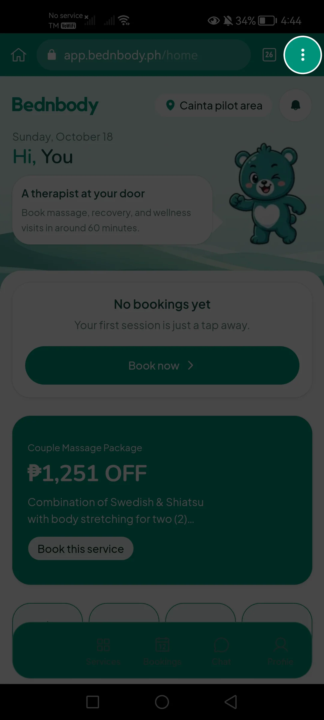 Android browser with the three-dot menu highlighted at the top right.