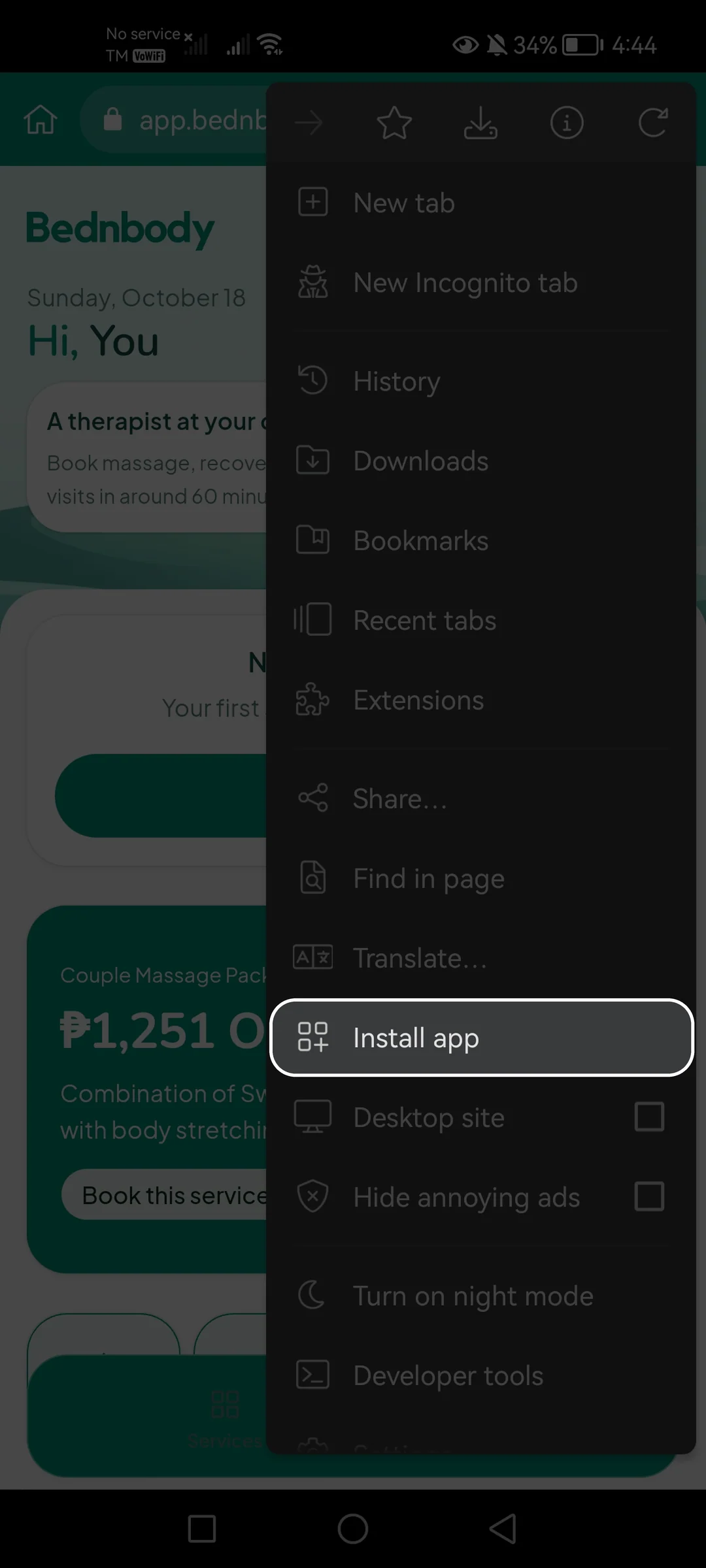 Android browser menu with Install app highlighted.
