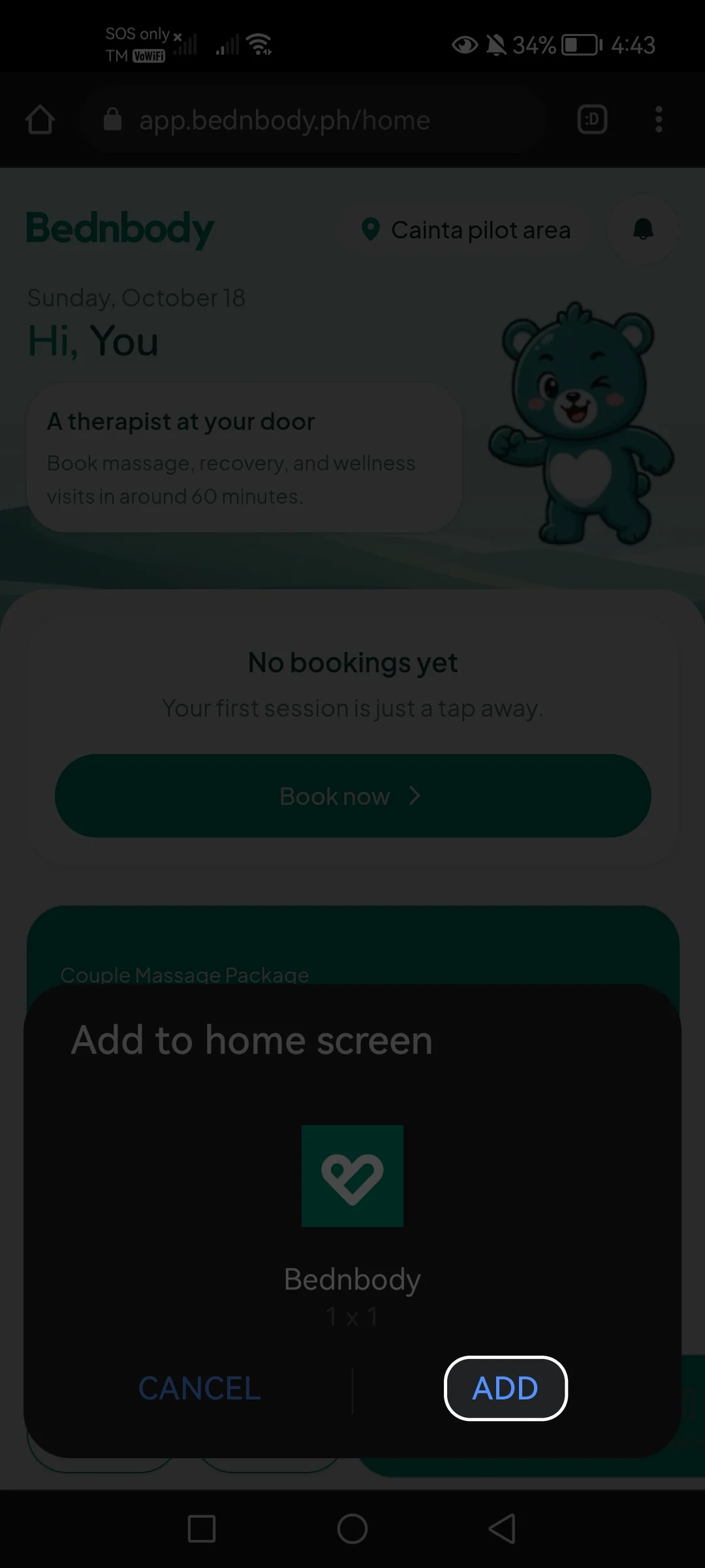 Android Add to home screen dialog with Add highlighted.