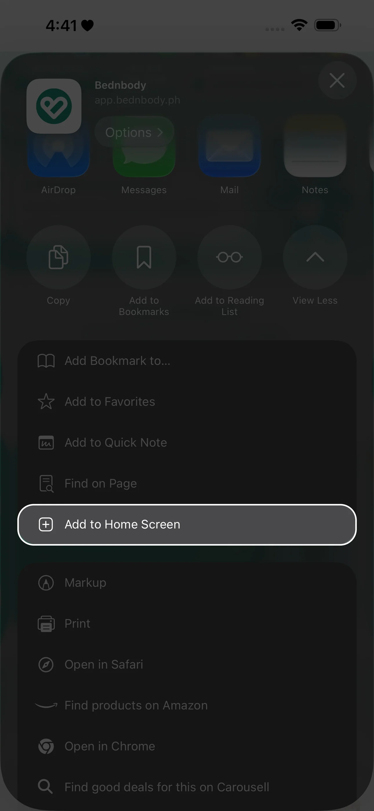 iPhone share sheet with Add to Home Screen highlighted.